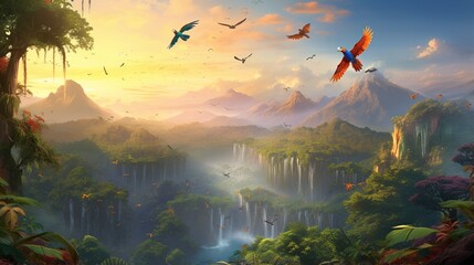 an AI scene of a tropical valley with vibrant parrots filling the air with their lively chatter - obrazy, fototapety, plakaty