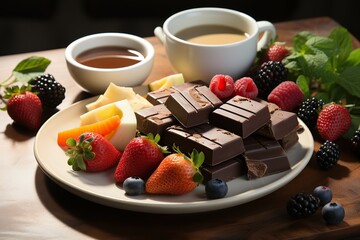 A decadent dessert spread with rich chocolate, fresh berries, and creamy fondue captures indulgence