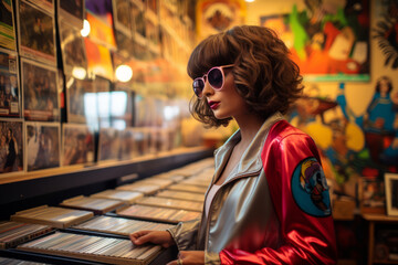 Obraz premium Generative ai young woman exploring a vinyl store