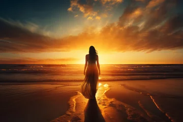 Fototapete Sonnenuntergang am Strand Generative ai young beautiful woman on the beach at sunset walking along shore