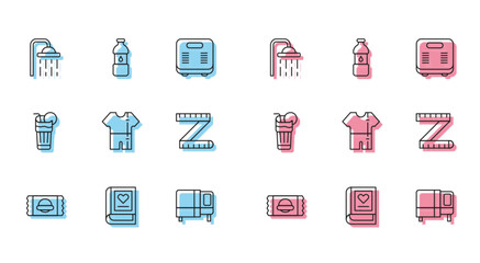 Set line Sports nutrition, Medical book, Shower head, Bed, track suit, Tape measure, Fresh smoothie and Bottle of water icon. Vector