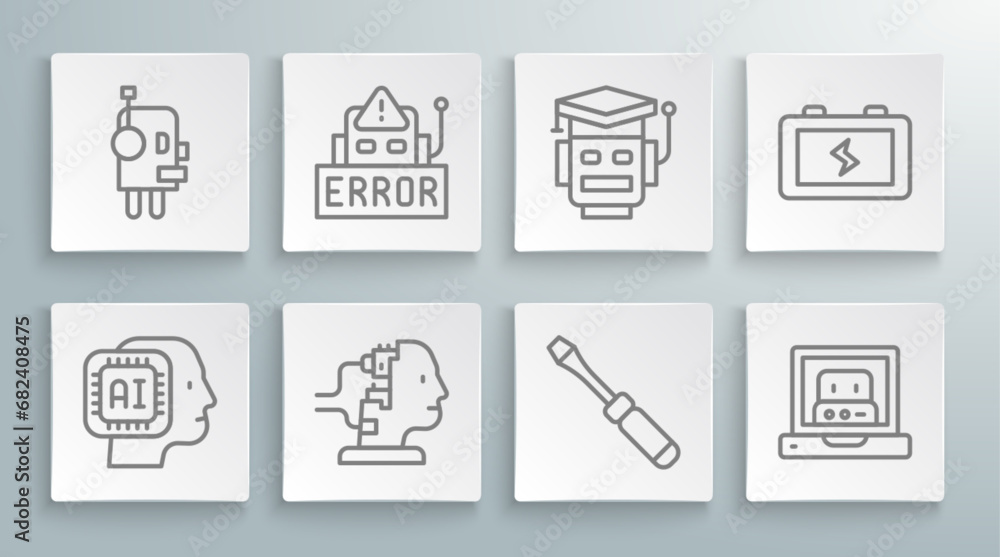 Poster set line humanoid robot, error in, robot for maintenance, screwdriver, creating, battery and icon. v
