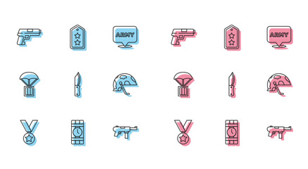 Set line Military reward medal, Dynamite and timer clock, Pistol or gun, Submachine M3, knife, helmet, Airdrop box and rank icon. Vector