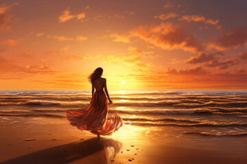 Generative ai young beautiful woman on the beach at sunset walking along shore