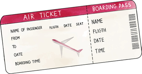 Travel flight ticket watercolor illustration - obrazy, fototapety, plakaty