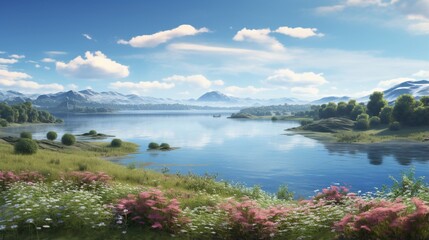 an AI visual of a lakeside view from a hilltop, where rolling meadows meet the tranquil water