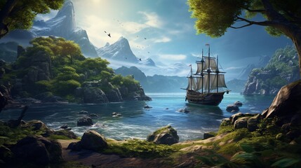 an AI visual of a lakeside scene with a hidden pirate's cove, where legends of buried treasure...