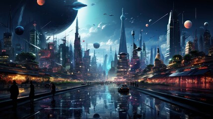 Futuristic city at night. Elements of this image furnished by NASA