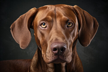 Mesmerizingly vibrant, a liver-colored vizsla's snout commands attention as it gazes intensely into the lens, capturing the fierce loyalty and innate wildness of this majestic mammal - obrazy, fototapety, plakaty