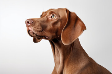 A majestic vizsla with a liver-colored coat gazes up with devoted eyes, embodying the loyalty and companionship of a beloved pet