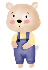 A cartoon bear stands in overalls and looks at something.
