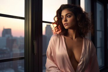 Generative ai serene moment  of a woman wearing morning robe watching panorama