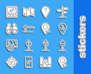 Set line Location, Traffic sign turn left, with anchor, Unknown route point, Parking car barrier, Binoculars, Gps device map and icon. Vector