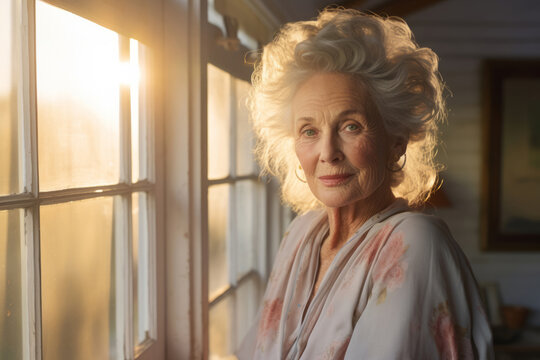 Generative ai serene moment of a senior woman wearing morning robe posing in gentle sunlight near window
