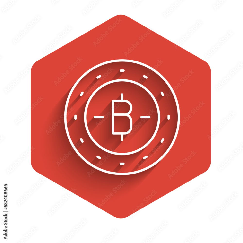 Poster white line cryptocurrency coin bitcoin icon isolated with long shadow. physical bit coin. blockchain