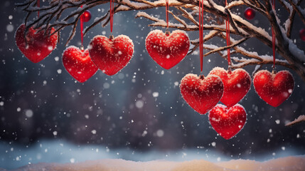 Red hearts hang on a tree in winter.