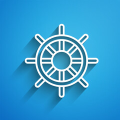Obraz premium White line Ship steering wheel icon isolated on blue background. Long shadow. Vector