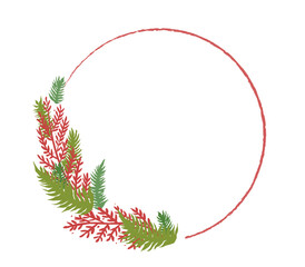 Corona navideña de ramas con colores navideños. Marco redondo botánico. Ilustración vectorial de corona de naturaleza navideña, con espacio para texto y fondo blanco. Ramitas verdes y rojas - obrazy, fototapety, plakaty