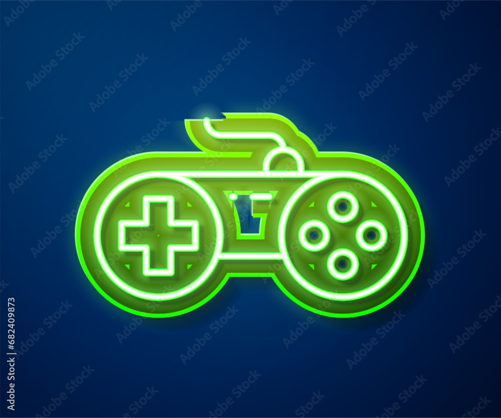 Poster glowing neon line gamepad icon isolated on blue background. game controller. vector