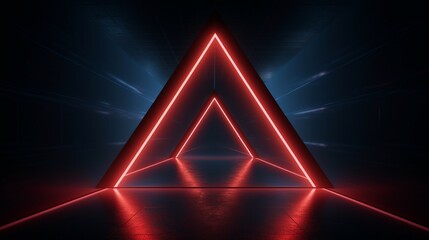 3d render, abstract geometric neon background with glowing triangular frame. Laser linear shape at the end of dark tunnel