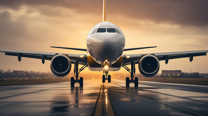 Vista frontal de un avion despegando 