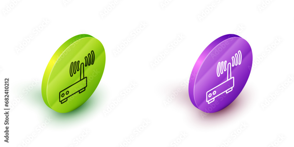 Poster isometric line router and wi-fi signal icon isolated on white background. wireless ethernet modem ro
