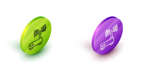 Isometric line Router and wi-fi signal icon isolated on white background. Wireless ethernet modem router. Computer technology internet. Green and purple circle buttons. Vector