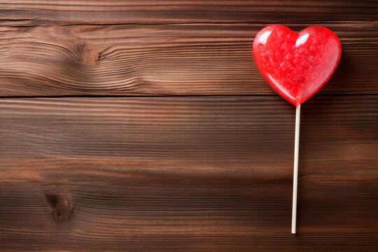 Heart shaped candy lollipop for valentines day on a wooden table.