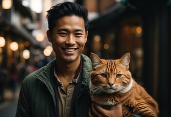 a man holding a cat smiling, pet lover - obrazy, fototapety, plakaty