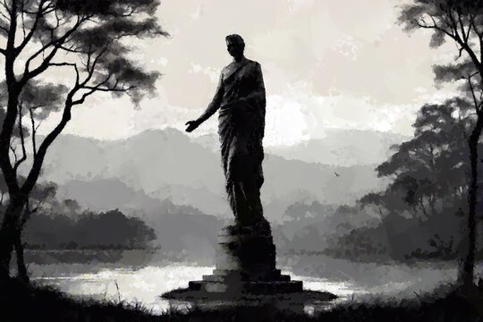 Statue on the background of nature. Black and white