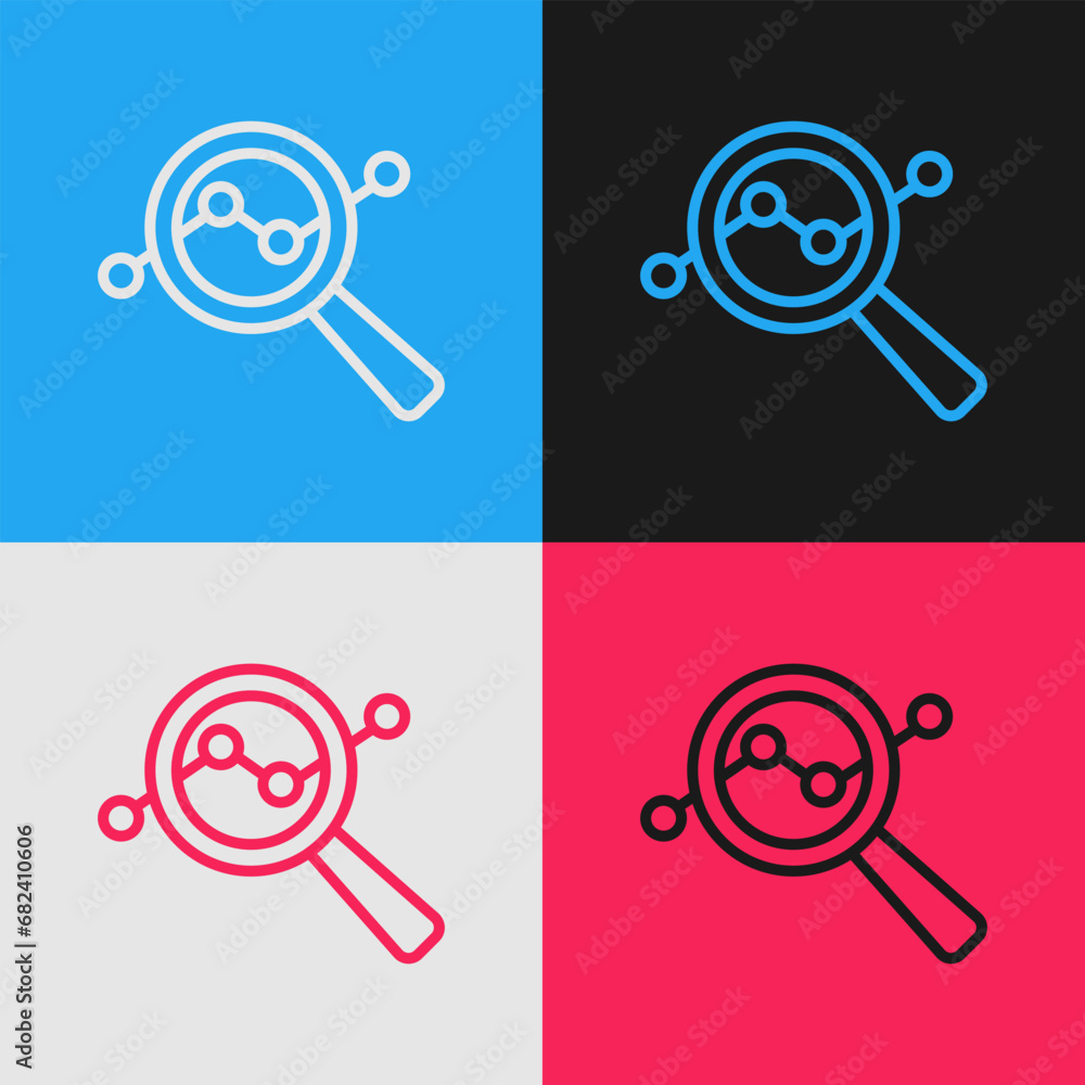 Poster pop art line magnifying glass and data analysis icon isolated on color background. search sign. vect