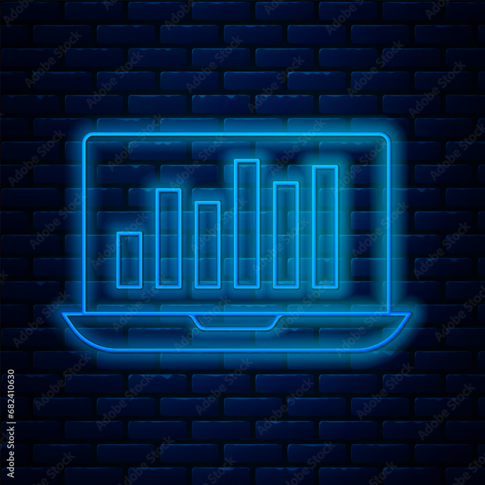 Poster glowing neon line laptop with graph chart icon isolated on brick wall background. report text file i