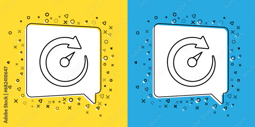 Poster set line digital speed meter icon isolated on yellow and blue background. global network high speed 