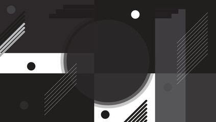 Obraz premium Black and White Geometric Memphis Banner with Round Frame for Advertisement. dots lines squares, Vector Illustration
