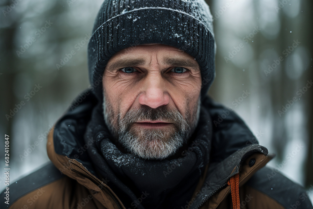 Poster Bearded serious man guy photographing at scenic wonderful winter snowy forest Generative AI