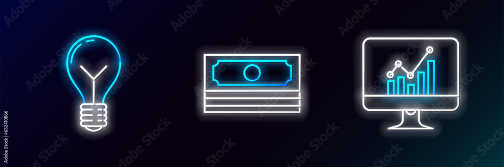 Poster set line computer monitor with graph chart, light bulb concept of idea and stacks paper money cash i