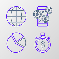Set line Time is money, Pie chart infographic, Smartphone with dollar symbol and Earth globe icon. Vector