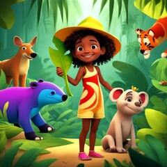 A little girl in a forest with animals
