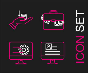 Set line Computer monitor with resume, graph chart, Briefcase and money and Money hand icon. Vector