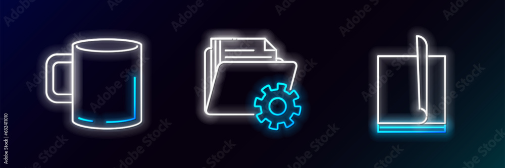 Poster set line file document, coffee cup flat and folder settings with gears icon. glowing neon. vector