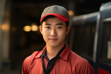 Generative AI picture portrait of mail person mailman mailwoman in corporate uniform