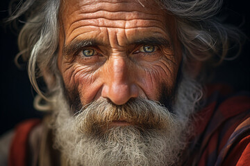 Close up photography of old poor homeless man with a sad look on his face generative ai image - obrazy, fototapety, plakaty