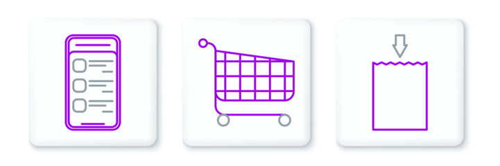 Set line Paper shopping bag, Online on mobile phone and Shopping cart icon. Vector