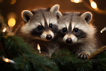 Obraz premium Charming couple of she and him raccoons spending chtistmas festive atmosphere Generative AI picture