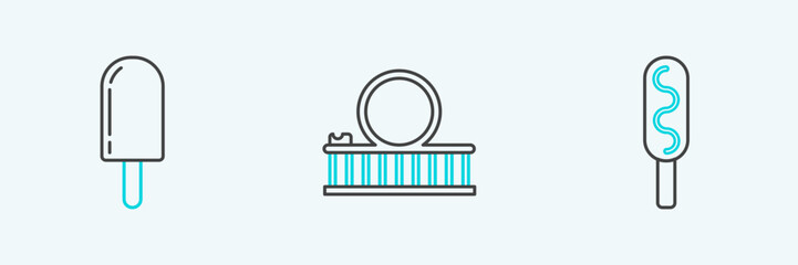 Set line Corn dog, Ice cream and Roller coaster icon. Vector
