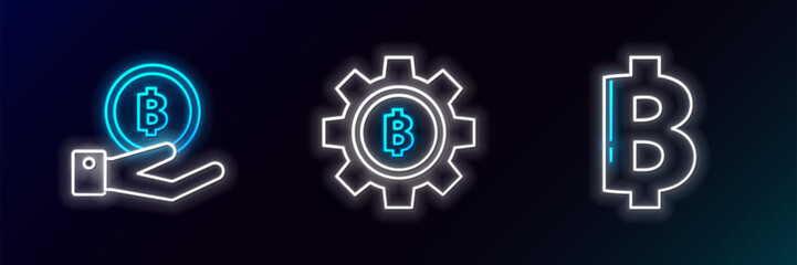 Set line Cryptocurrency coin Bitcoin, Hand holding and icon. Glowing neon. Vector