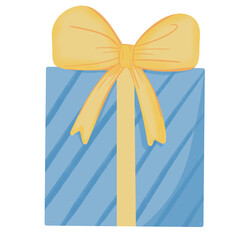 Blue gift box, striped pattern, tied with a yellow bow.