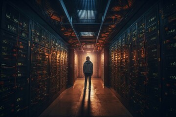 Person standing in front of dark server room. Cyber security specialist in database centrum. Generate ai - obrazy, fototapety, plakaty