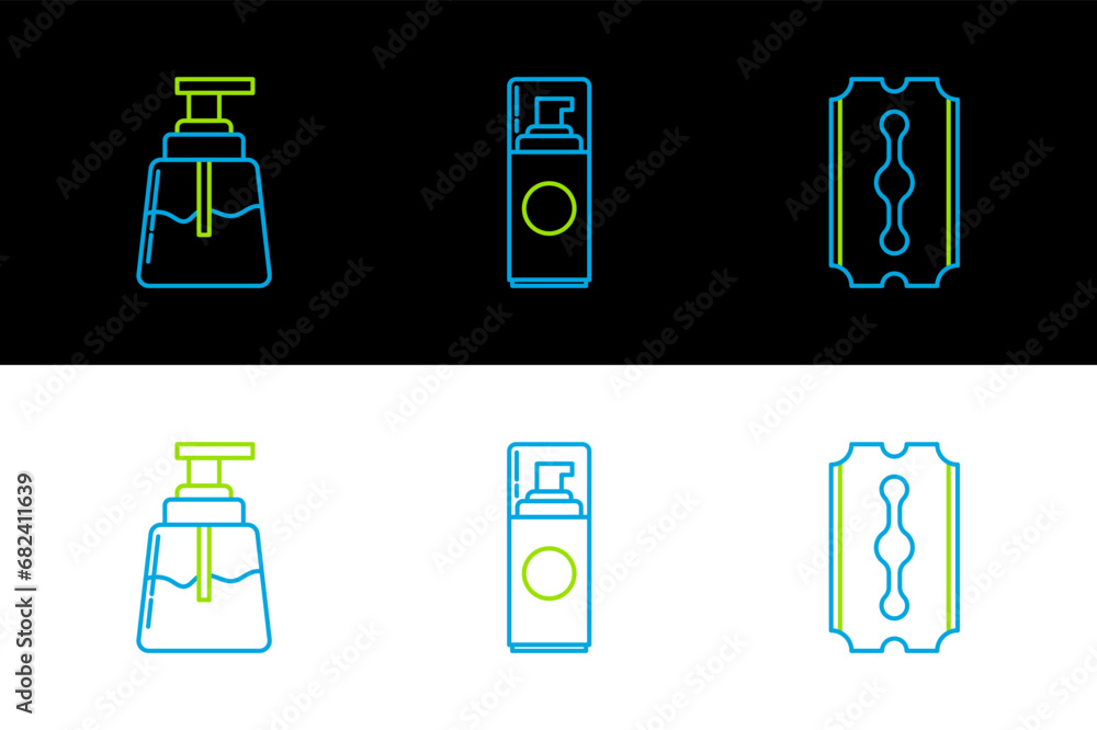 Poster set line blade razor, aftershave and shaving gel foam icon. vector