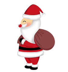 Santa Claus stands and holds a brown gift bag.